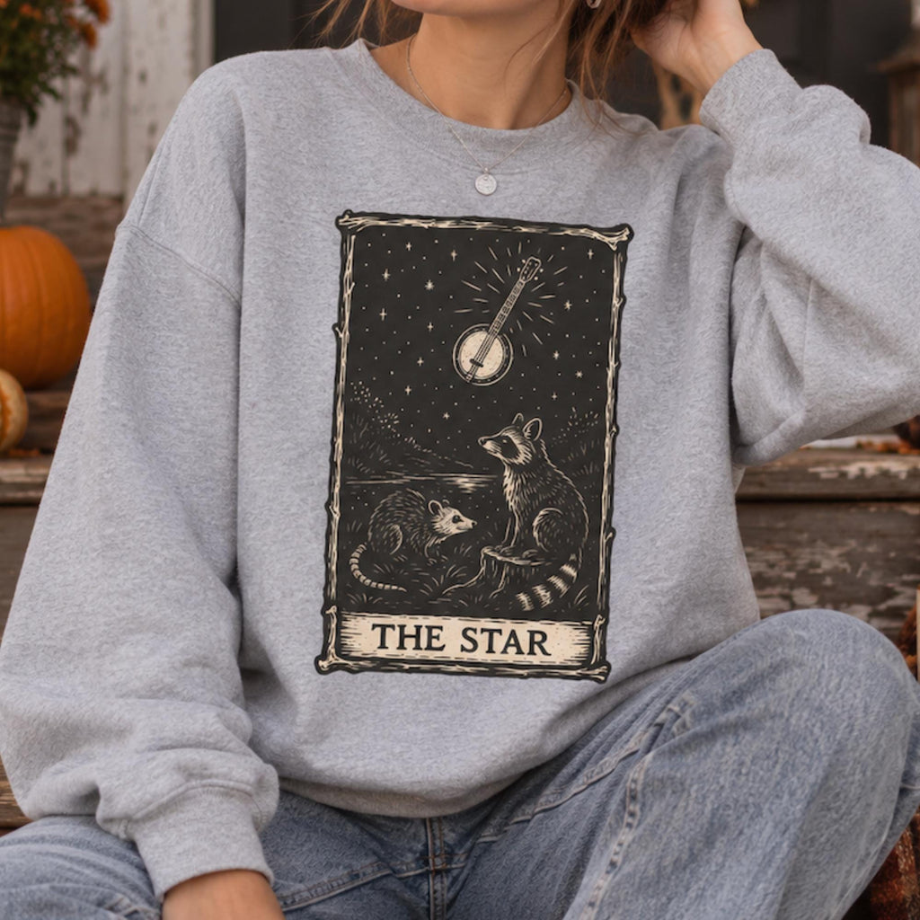 The Star Tarot Sweatshirt, Appalachian Raccoon & Possum Graphic, Banjo Folk Art