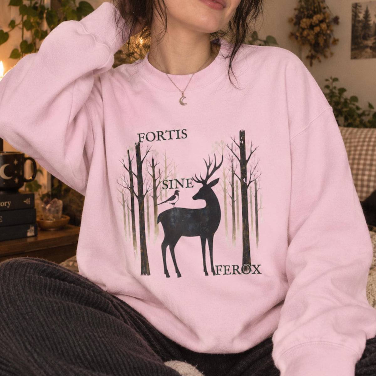 Gothic Stag Sweatshirt, Fortis Sine Ferox, Dark Forest Deer & Crow Graphic