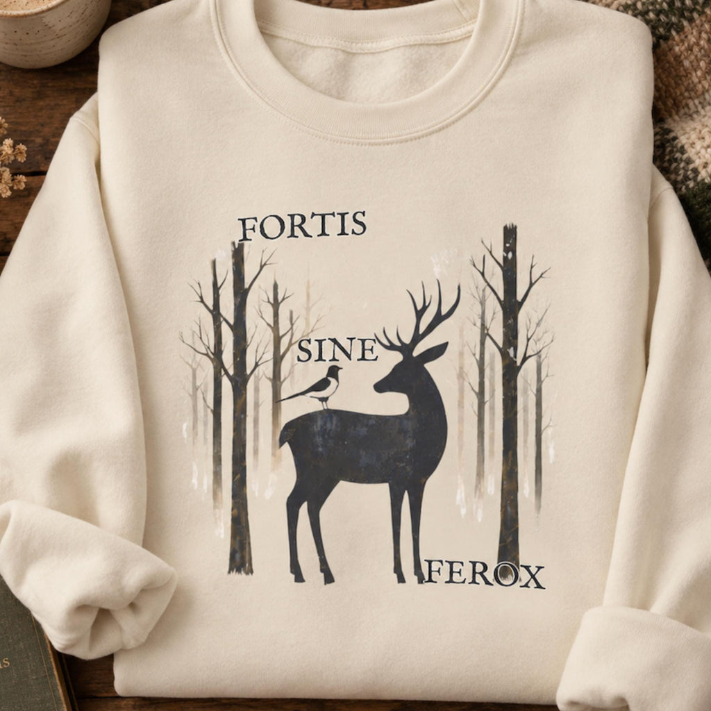 Gothic Stag Sweatshirt, Fortis Sine Ferox, Dark Forest Deer & Crow Graphic