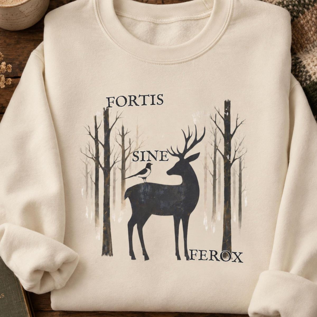 Gothic Stag Sweatshirt, Fortis Sine Ferox, Dark Forest Deer & Crow Graphic