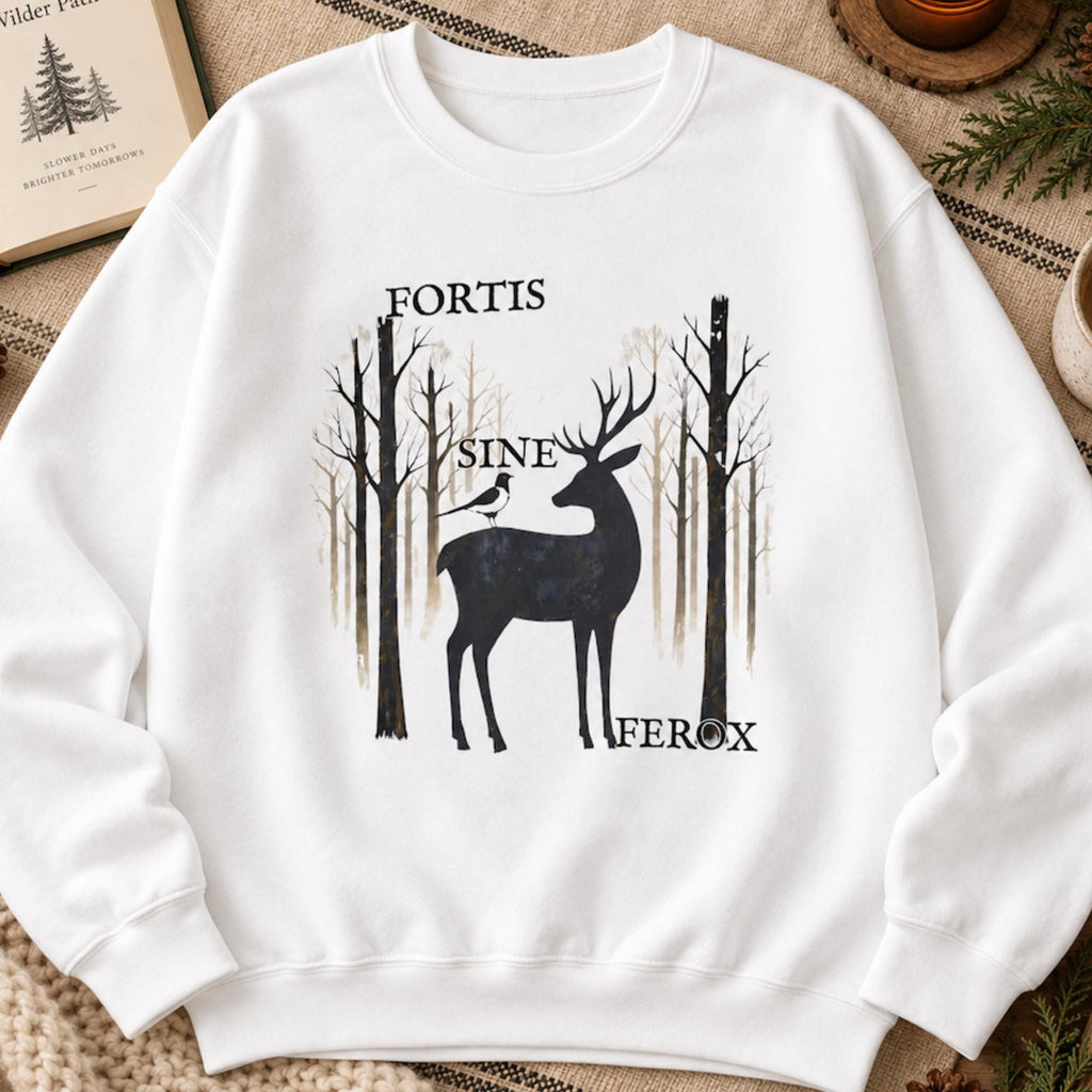 Gothic Stag Sweatshirt, Fortis Sine Ferox, Dark Forest Deer & Crow Graphic