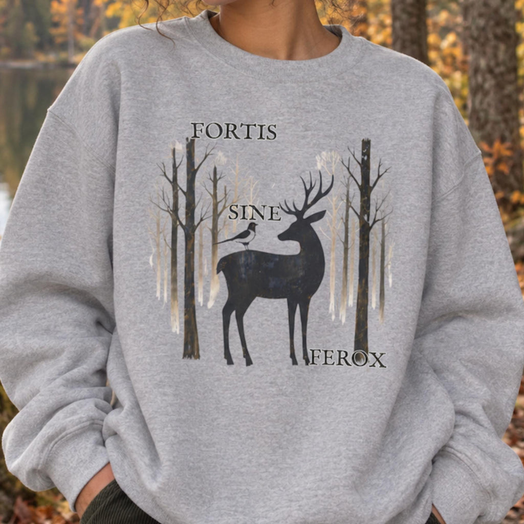Gothic Stag Sweatshirt, Fortis Sine Ferox, Dark Forest Deer & Crow Graphic