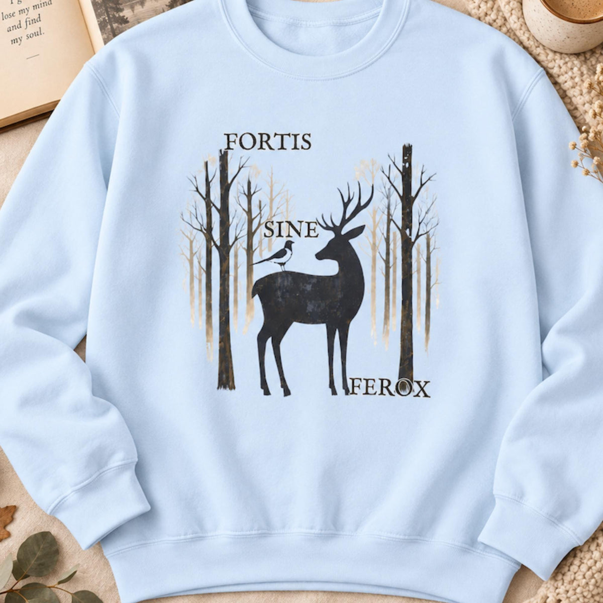 Gothic Stag Sweatshirt, Fortis Sine Ferox, Dark Forest Deer & Crow Graphic
