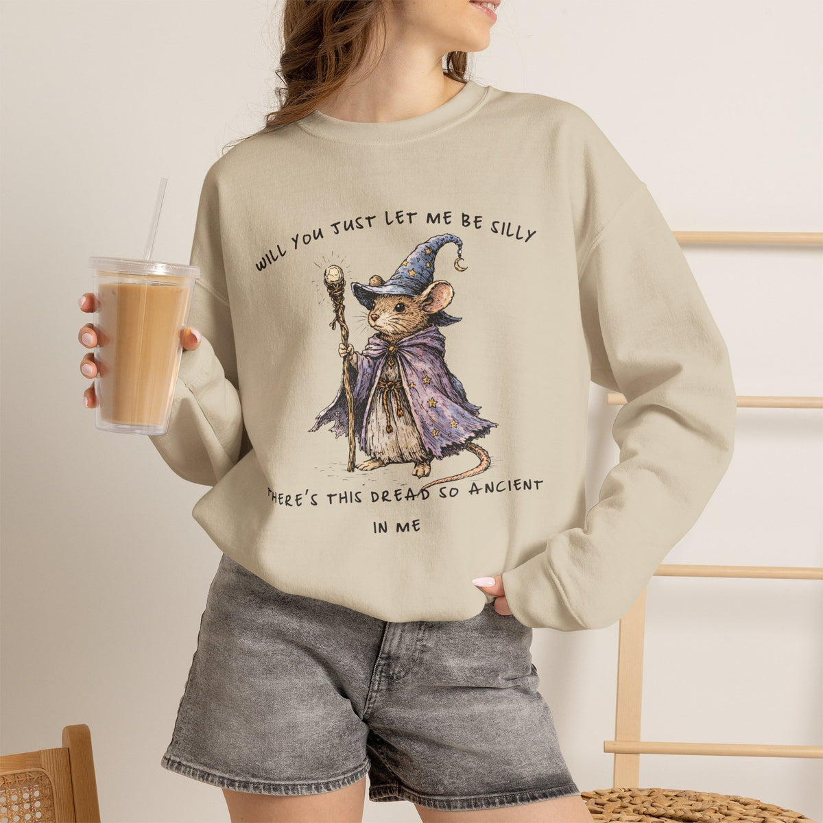 Will You Just Let Me Be Silly Sweatshirt | Wizard Mouse Sweatshirt, Whimsical Existential Humor, Cozy Fantasy Crewneck