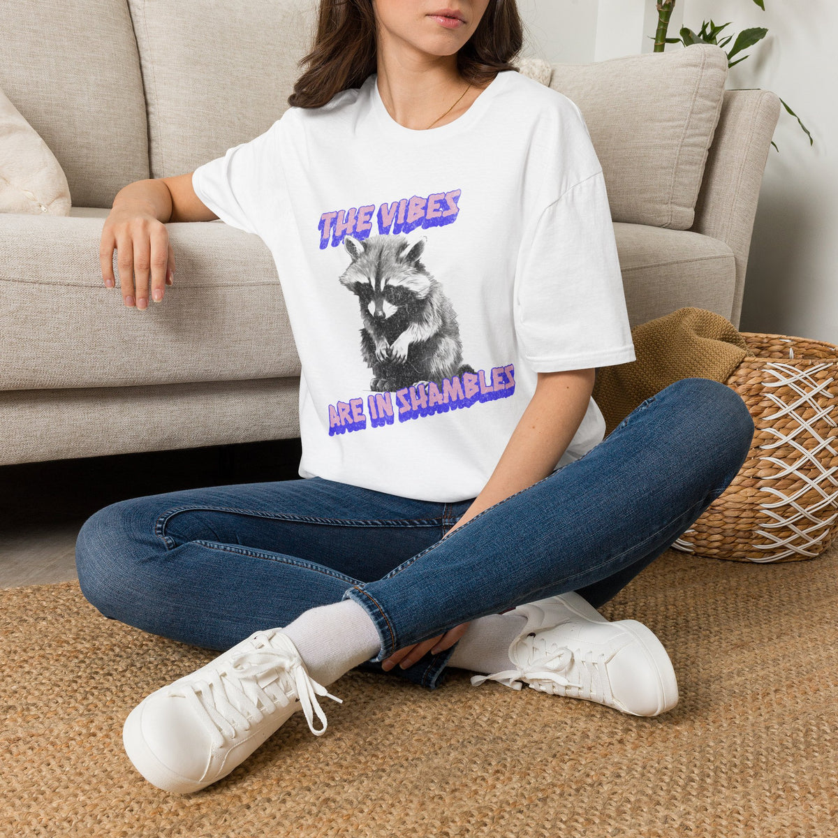The Vibes Raccoon graphic shirt featuring 'The Vibes Are in Shambles' Retro Graphic
