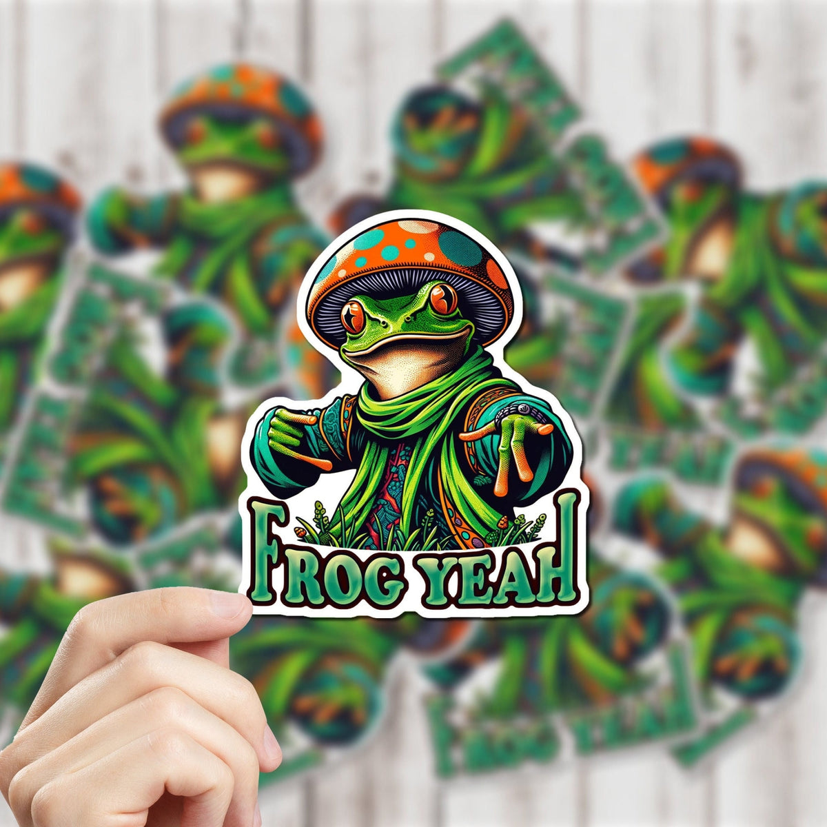 Mushroom Frog vinyl sticker featuring Psychedelic Cottagecore Water-Resistant in White