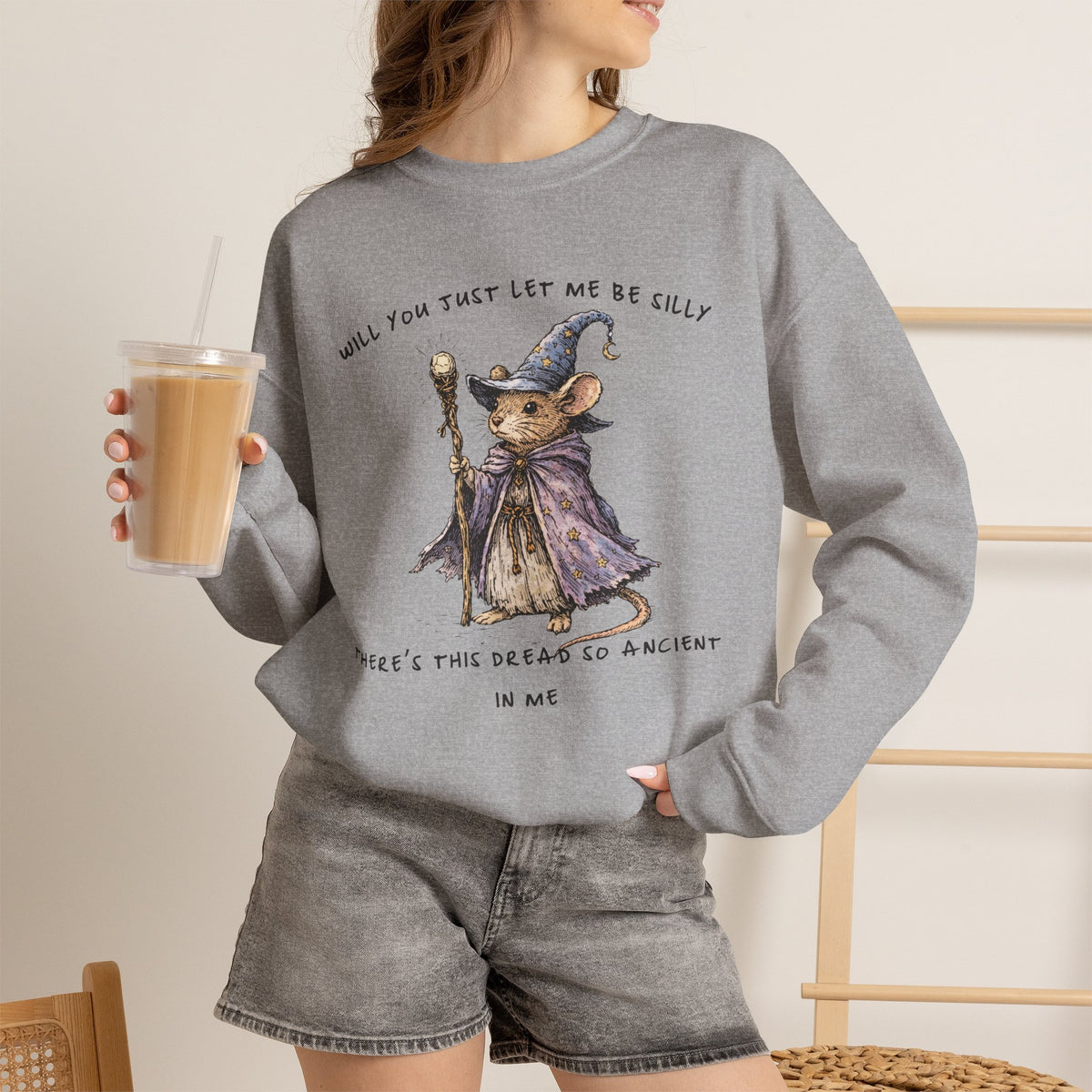 Will You Just Let Me Be Silly Sweatshirt | Wizard Mouse Sweatshirt, Whimsical Existential Humor, Cozy Fantasy Crewneck