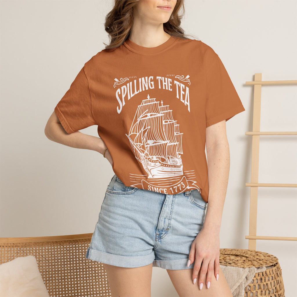 Spilling the Tea Since 1773 graphic shirt featuring Boston Tea Party Graphic Tee