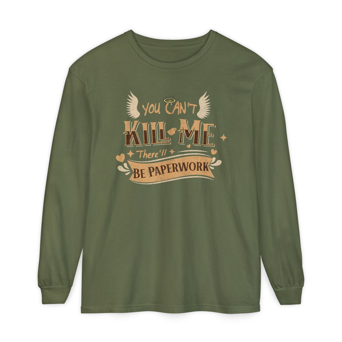 Good Omens Aziraphale long sleeve graphic shirt featuring "You Can't Kill Me" Comfort Colors Shirt
