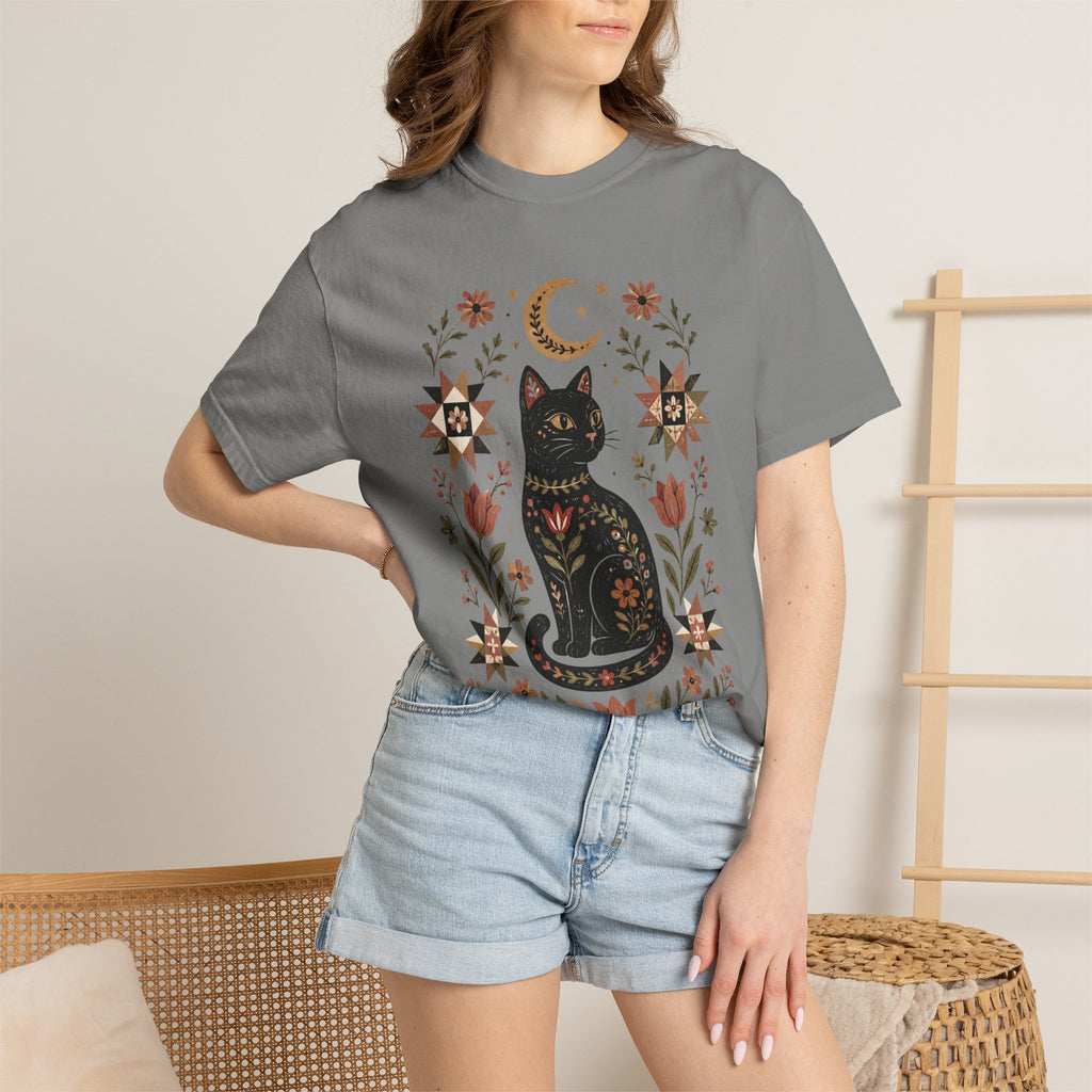 Folk Black Cat Shirt | Celestial Floral Comfort Colors Tee | Witchy Cat Shirt