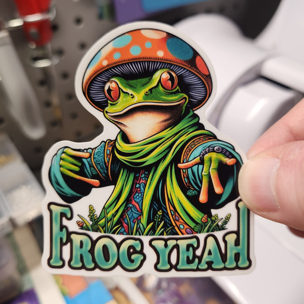 Mushroom Frog vinyl sticker featuring Psychedelic Cottagecore Water-Resistant