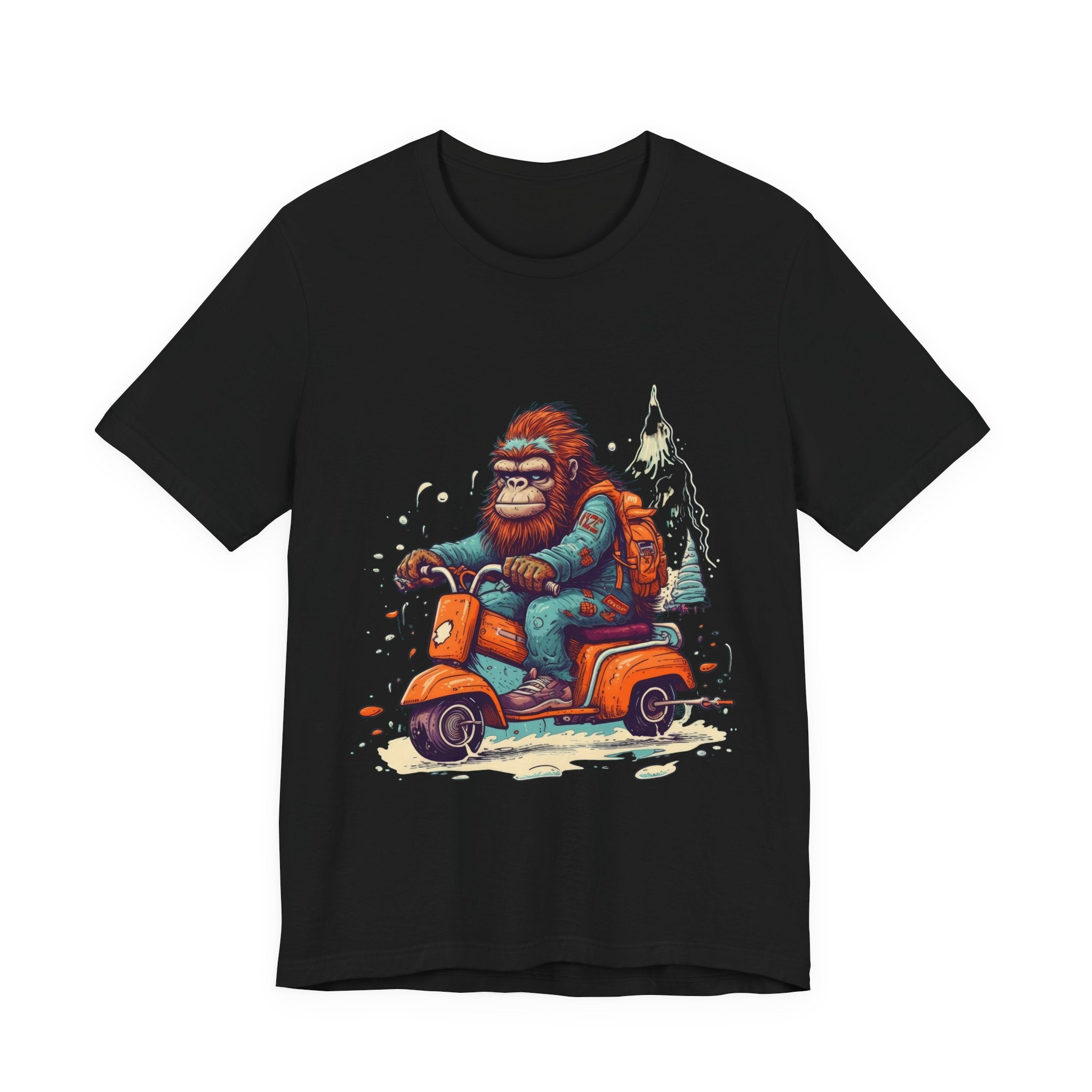 Bigfoot Scooter Graphic Tee — Retro Bigfoot Riding Vespa Adventure T-Shirt