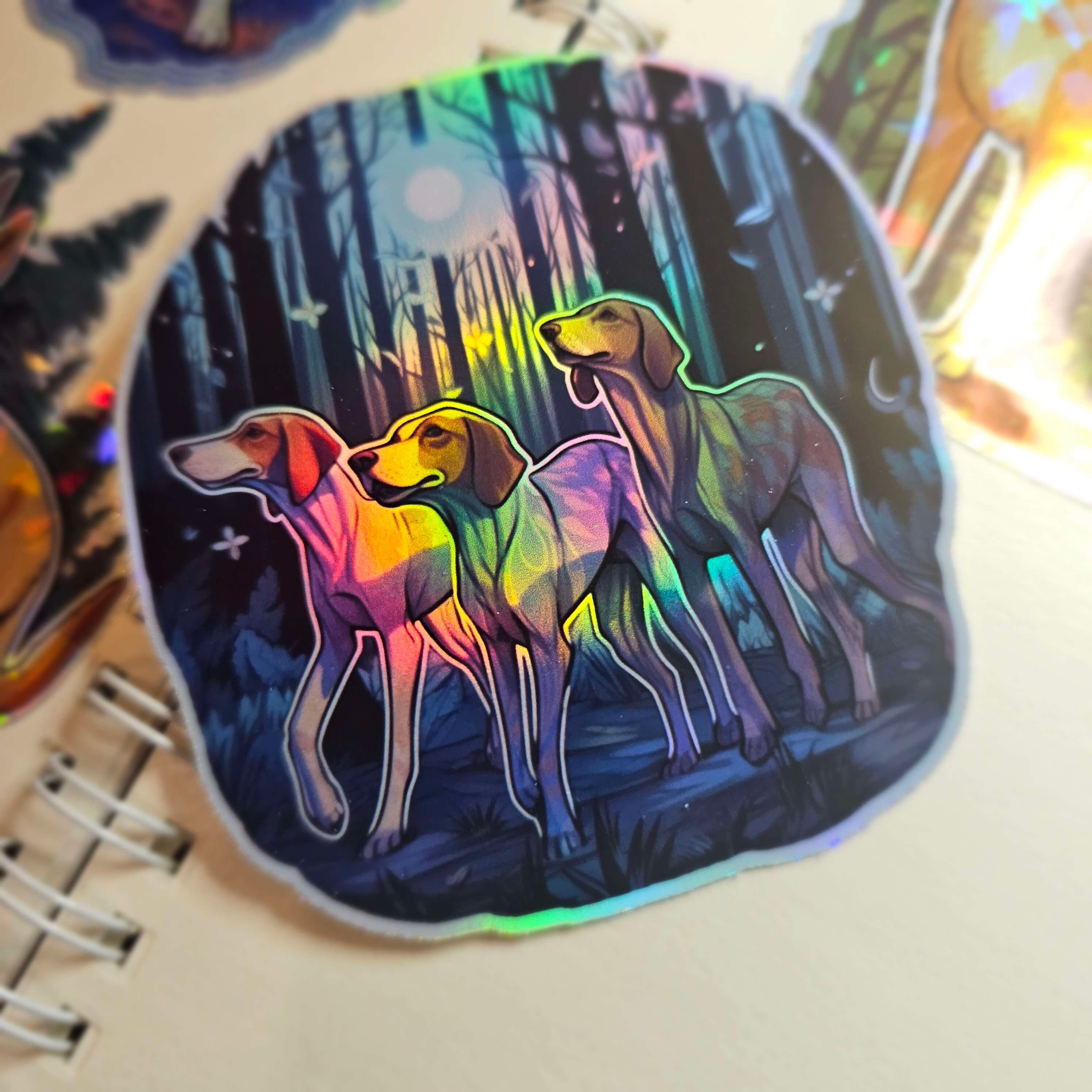 American Foxhound Holographic Sticker – Colorful Dog Art in Moonlit Forest