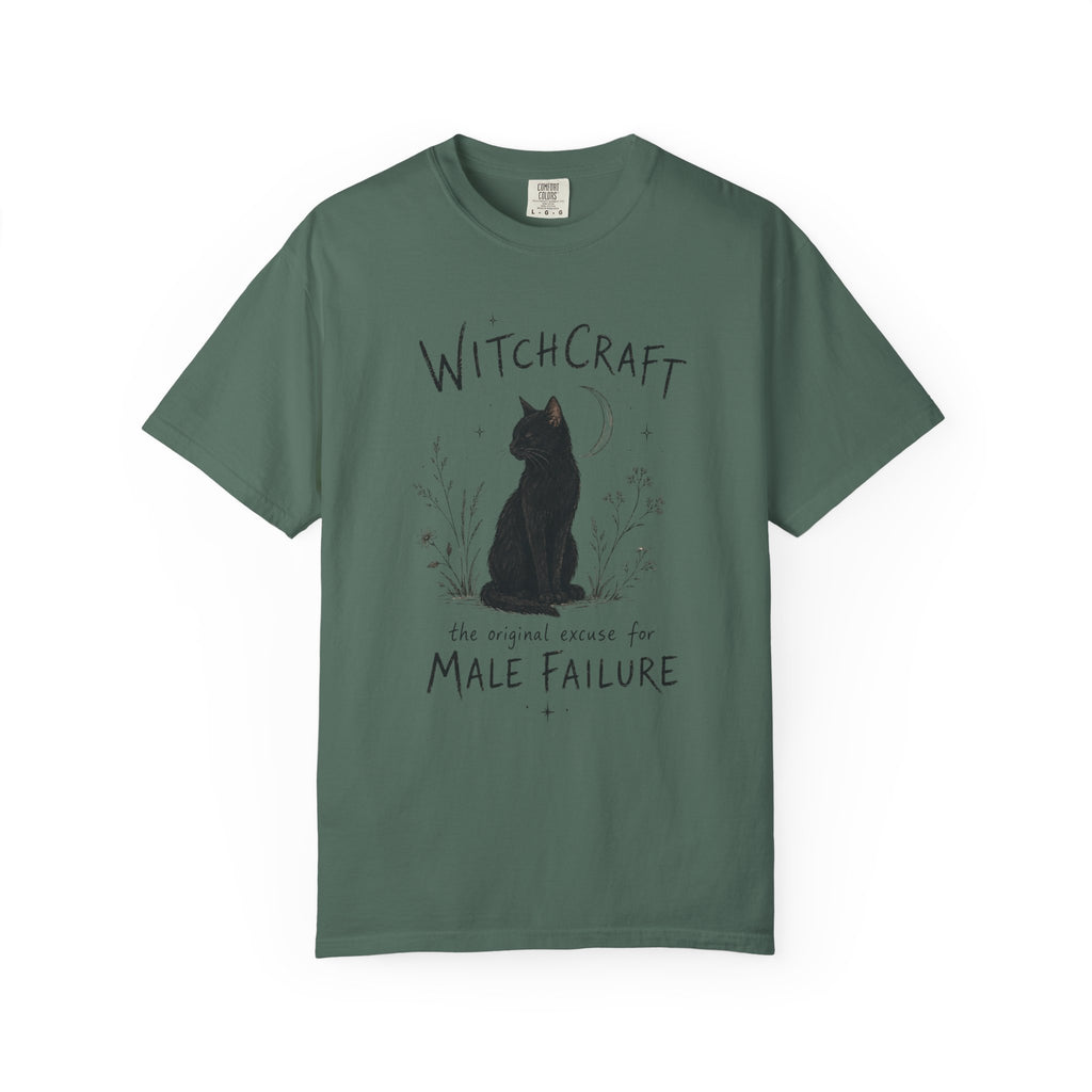 Witchcraft Cat graphic shirt featuring 'The Original Excuse for Male Failure'