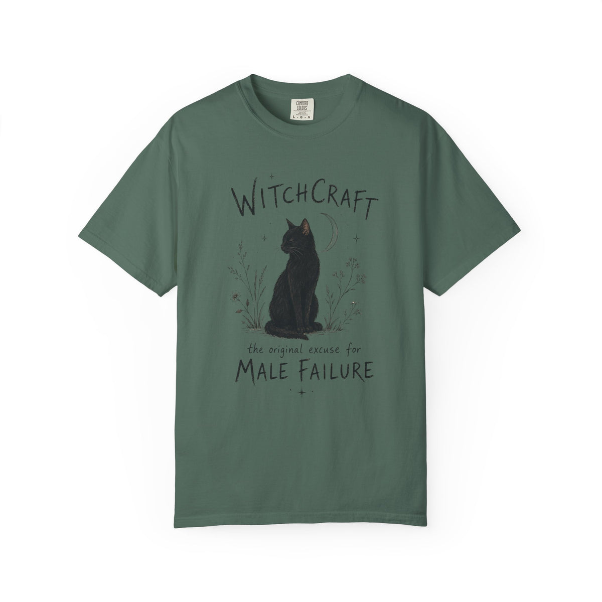 Witchcraft Cat graphic shirt featuring 'The Original Excuse for Male Failure'