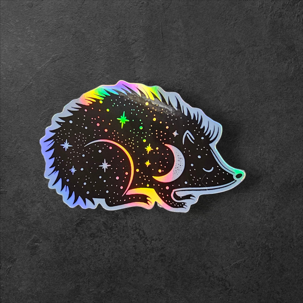 Holographic Celestial Hedgehog Sticker: Night Sky Art Decal