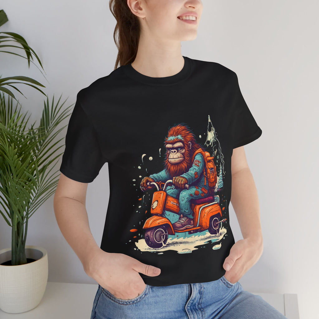 Bigfoot Scooter Graphic Tee — Retro Bigfoot Riding Vespa Adventure T-Shirt