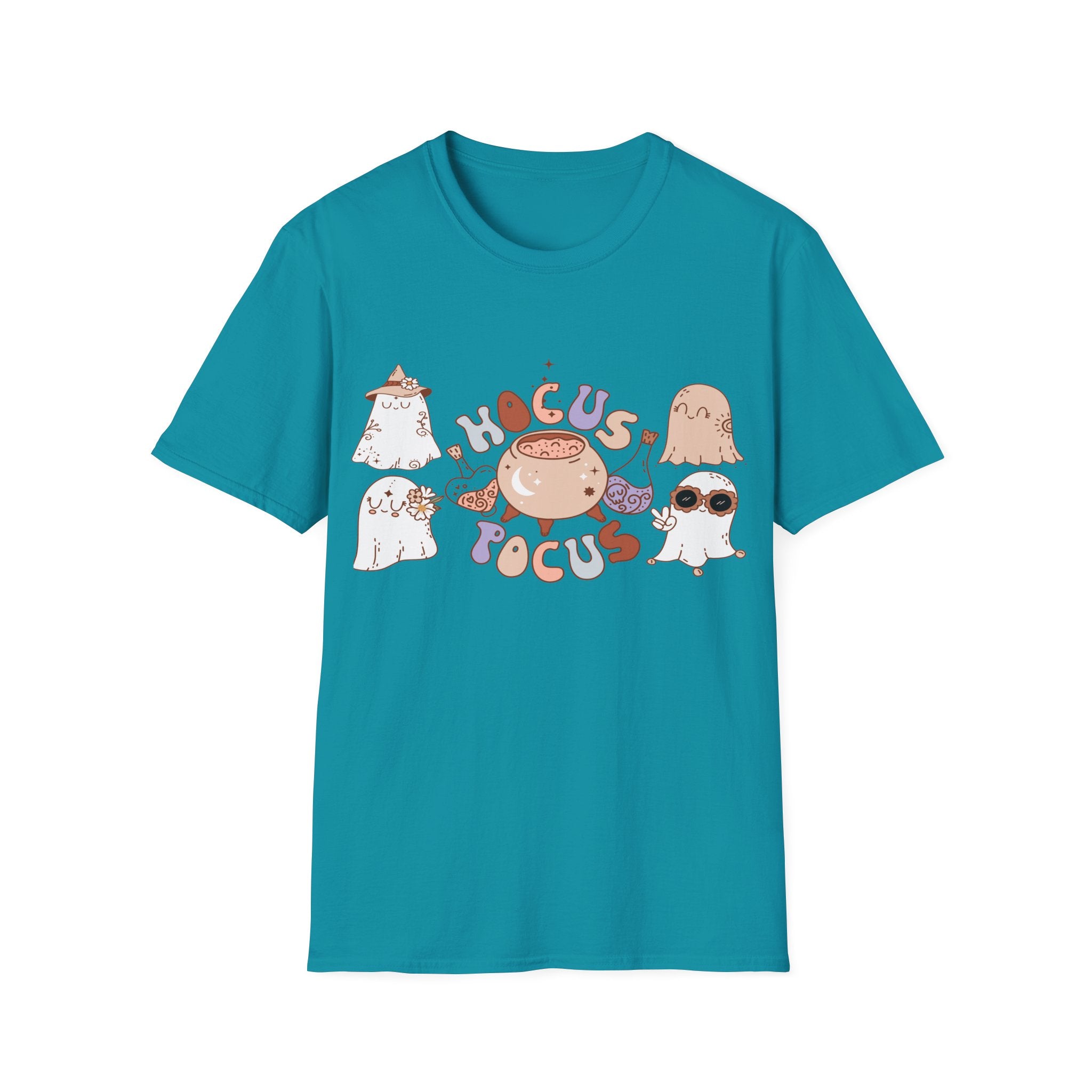 Hocus Pocus Cute Witch Crewneck T‑Shirt — Pastel Halloween Cat & Cauldron Tee