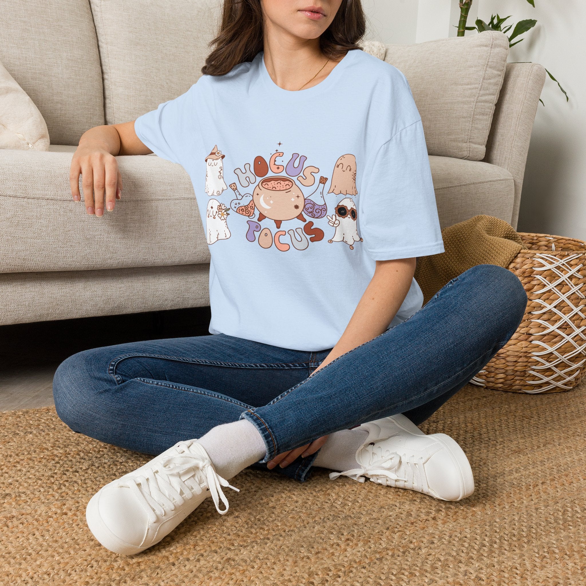 Hocus Pocus Cute Witch Crewneck T‑Shirt — Pastel Halloween Cat & Cauldron Tee