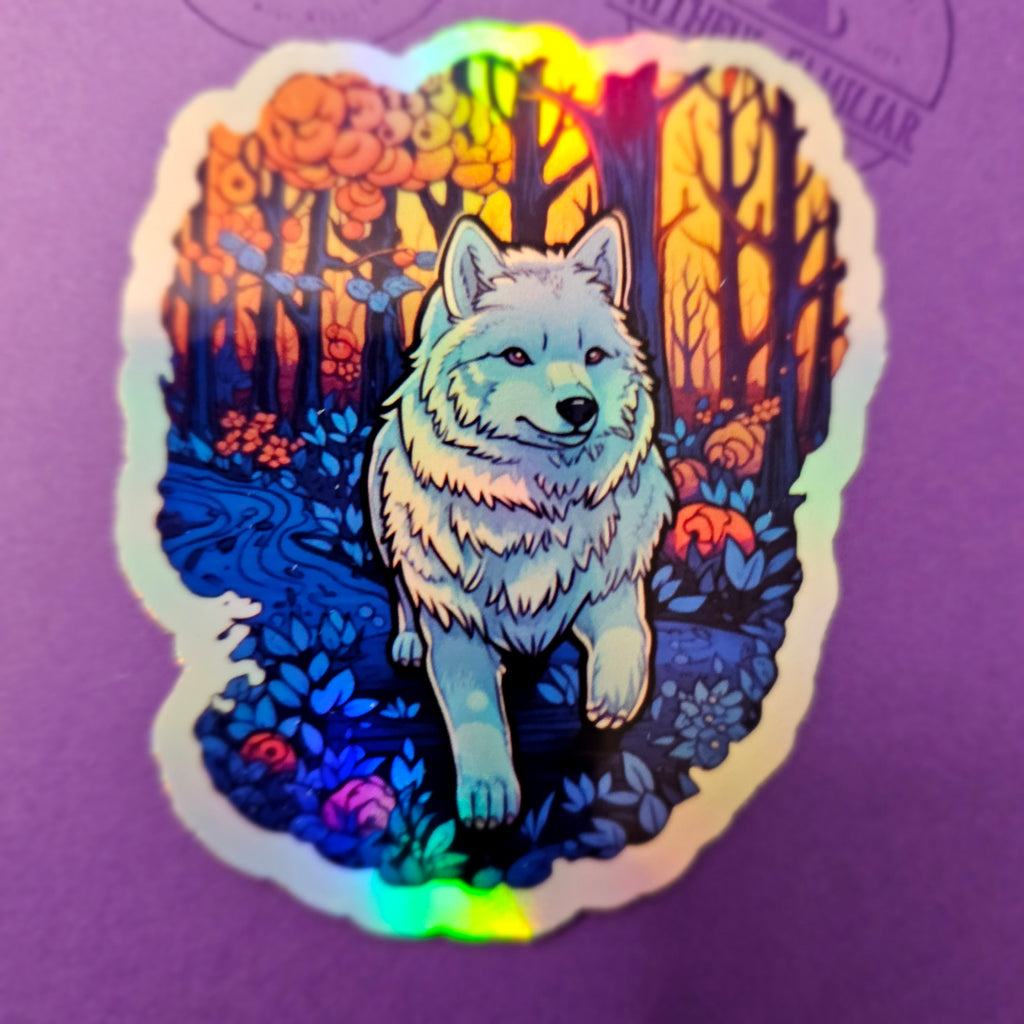 Samoyed Sticker: Mystical Forest Dog Art, Fantasy Laptop Decal