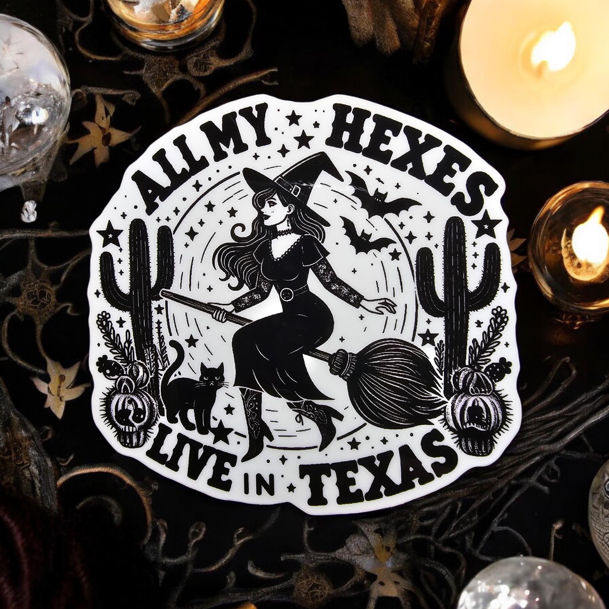 All My Hexes Live In Texas Glossy Sticker: Witchy Feminist Gift