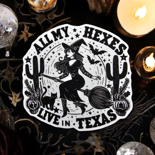 All My Hexes Live in Texas vinyl sticker featuring Witchy Feminist Glossy Vinyl Decal