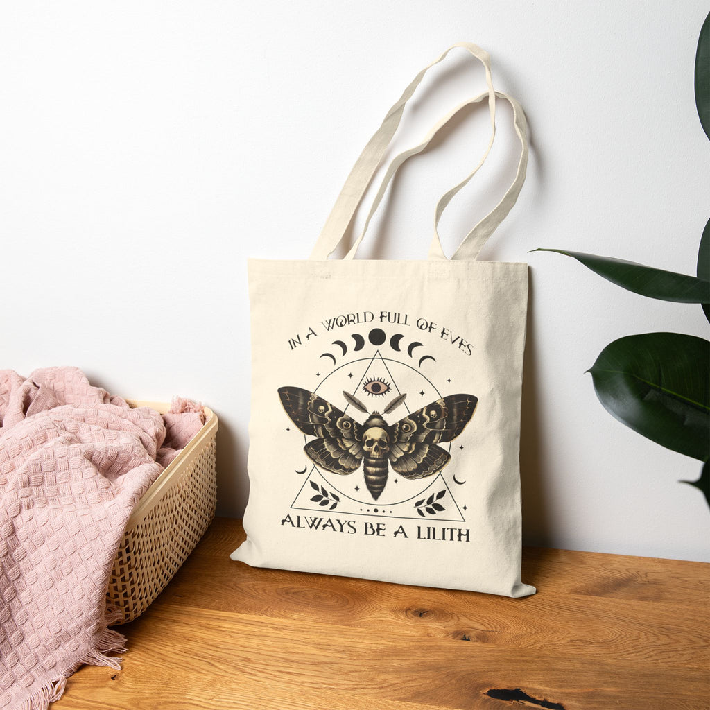 Lilith Moth Canvas tote bag featuring "Always Be a Lilith" Witchy Boho Market Bag in Natural