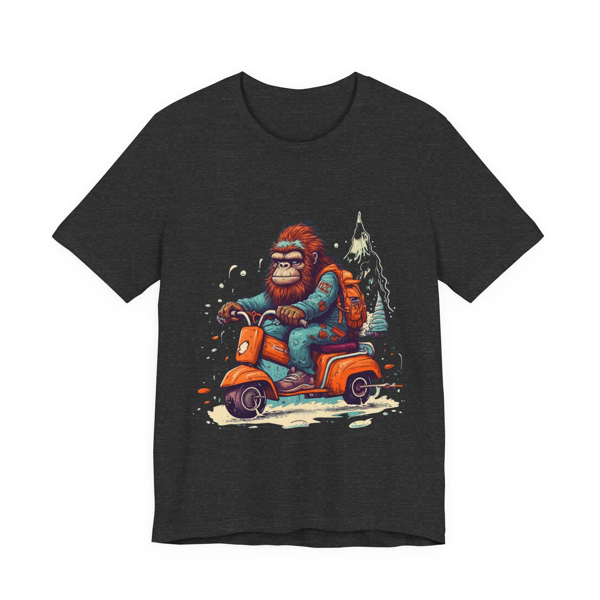 Bigfoot Scooter Graphic Tee — Retro Bigfoot Riding Vespa Adventure T-Shirt