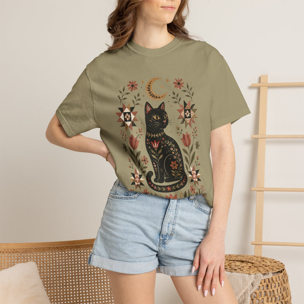 Folk Black Cat Shirt | Celestial Floral Comfort Colors Tee | Witchy Cat Shirt