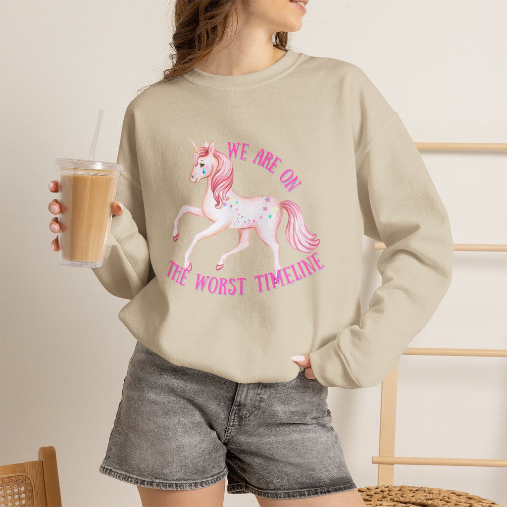 Worst Timeline Sweatshirt, Funny Unicorn Graphic, Existential Humor Crewneck