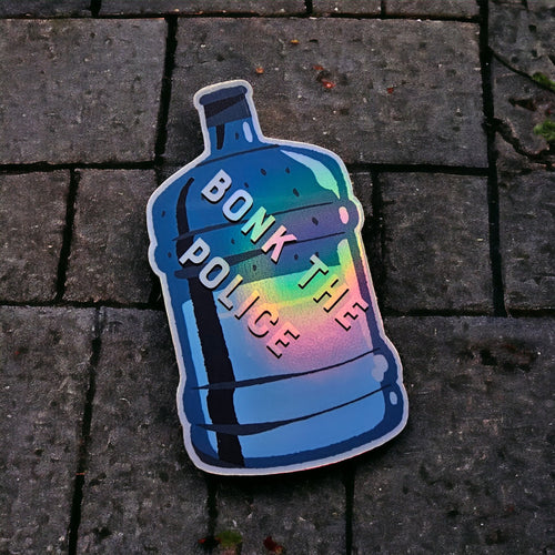Bonk The Police : Glossy Water Jug vinyl sticker featuring Social Justice in White