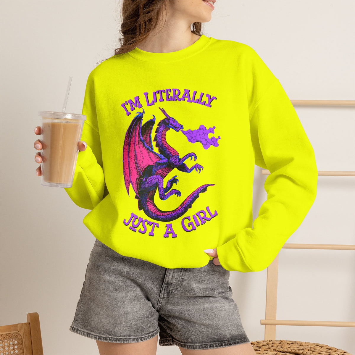 Retro Dragon Girl graphic sweatshirt featuring 80s Fantasy Crewneck in Ash