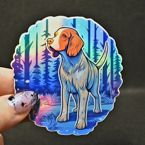 Brittany Spaniel : Holographic Bird Dog vinyl sticker in White