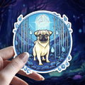 Mystical Pug Sticker: Witchy Dog Vinyl Decal, Crystal Forest Art