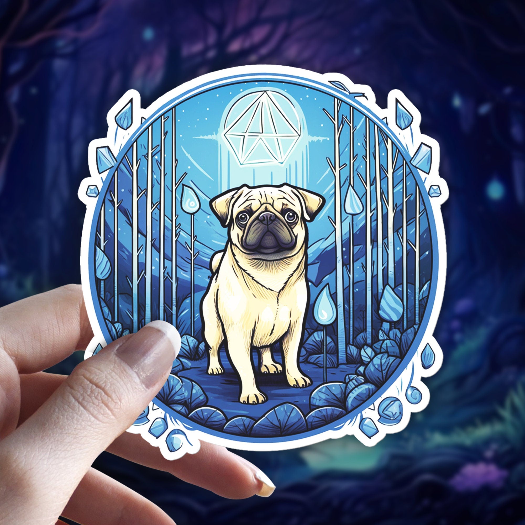 Mystical Pug Sticker: Witchy Dog Vinyl Decal, Crystal Forest Art