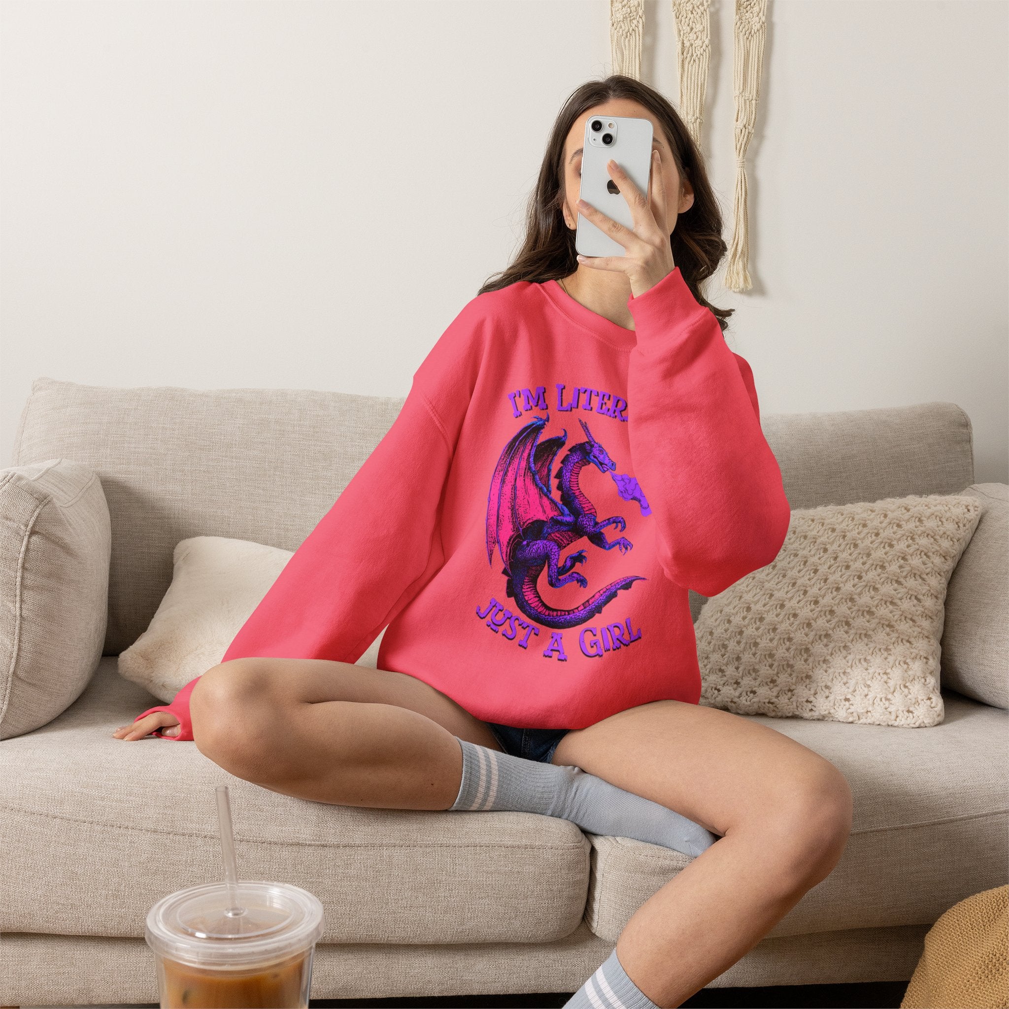 Retro Dragon Sweatshirt Im Literally Just a Girl Monster Girl Aesthetic 80s Fantasy Crewneck