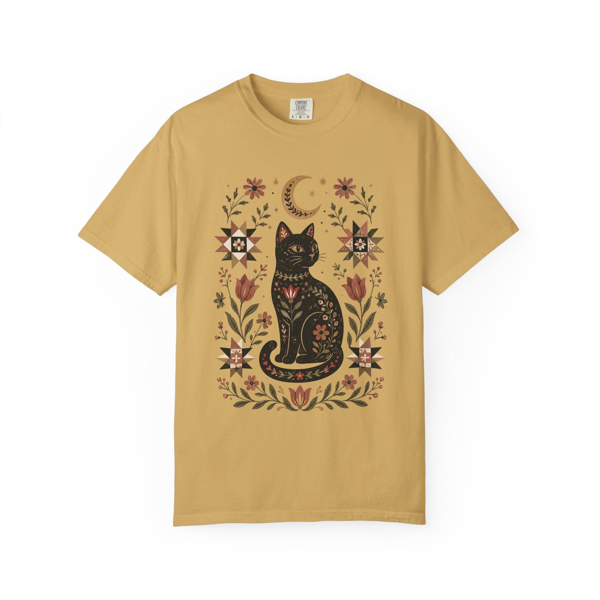 Folk Black Cat Shirt | Celestial Floral Comfort Colors Tee | Witchy Cat Shirt