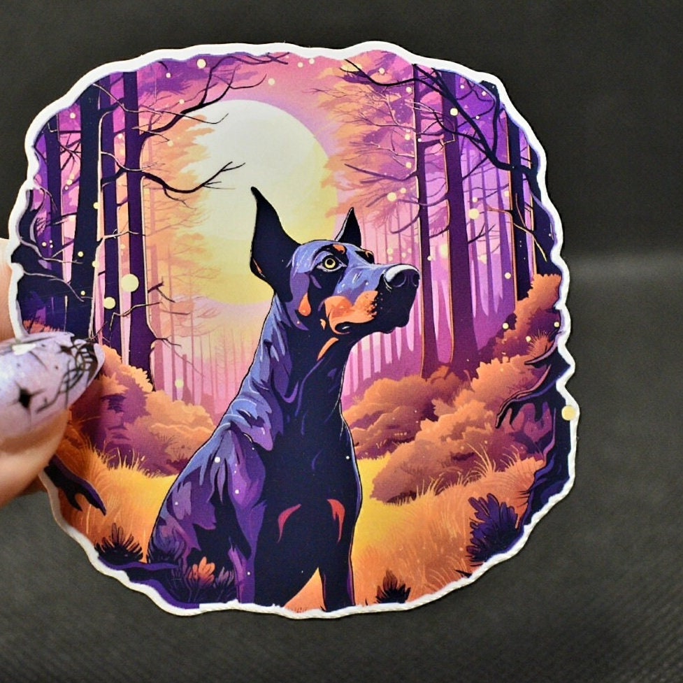 Mystical Doberman Sticker: Witchy Forest Dog Art Decal