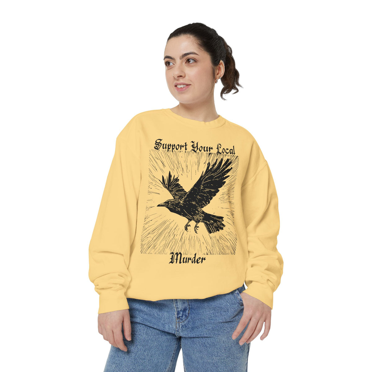 Support Your Local Murder graphic sweatshirt featuring Crow Linocut Sweater