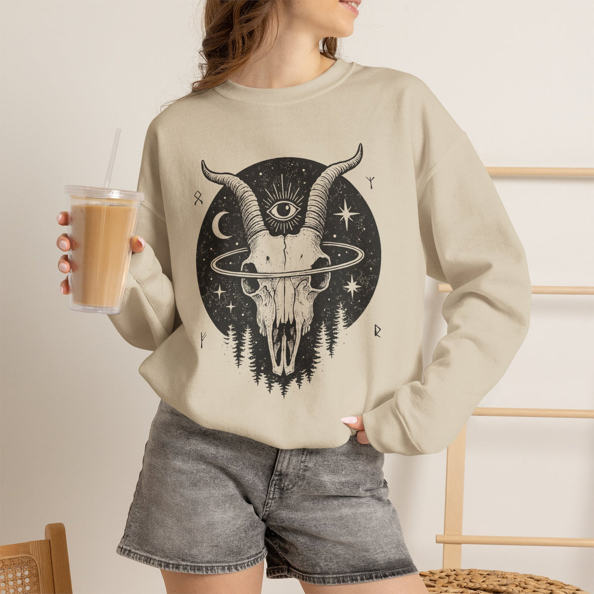 Blessed Be graphic sweatshirt featuring Goat Skull Occult Crewneck in Dark Heather
