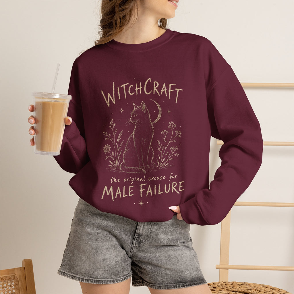 Witchcraft The Original Excuse for Male Failure graphic sweatshirt featuring Feminist Black Cat Crewneck