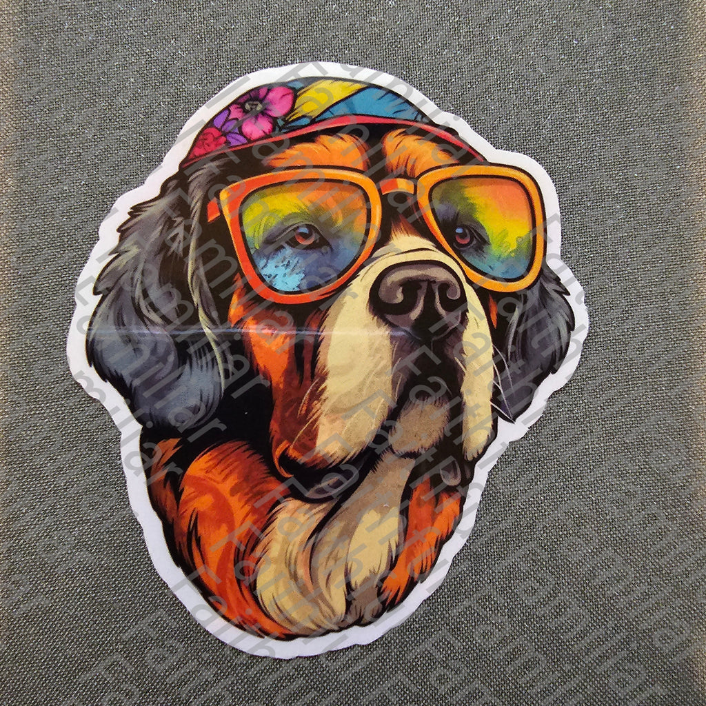 Psychedelic Saint Bernard Sticker: Retro 70s Hippie Dog Art
