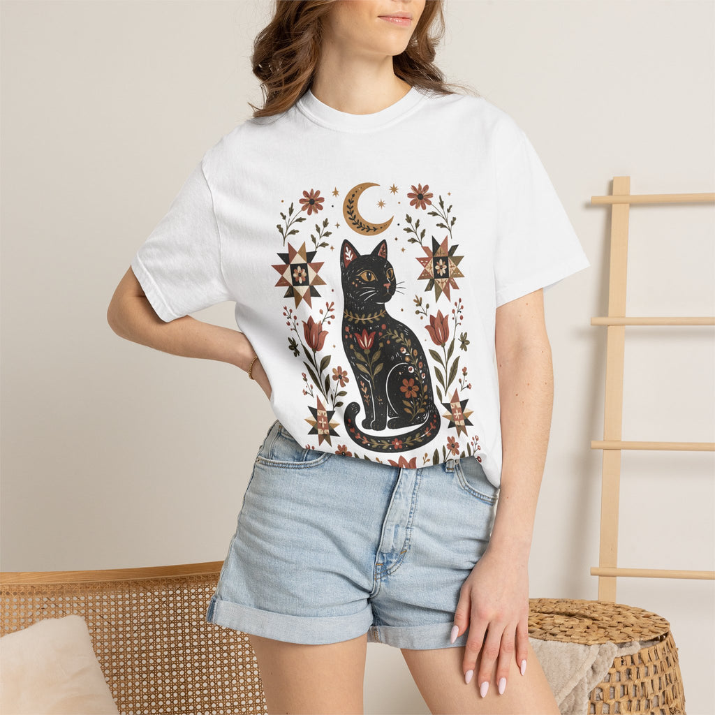 Folk Black Cat Shirt | Celestial Floral Comfort Colors Tee | Witchy Cat Shirt