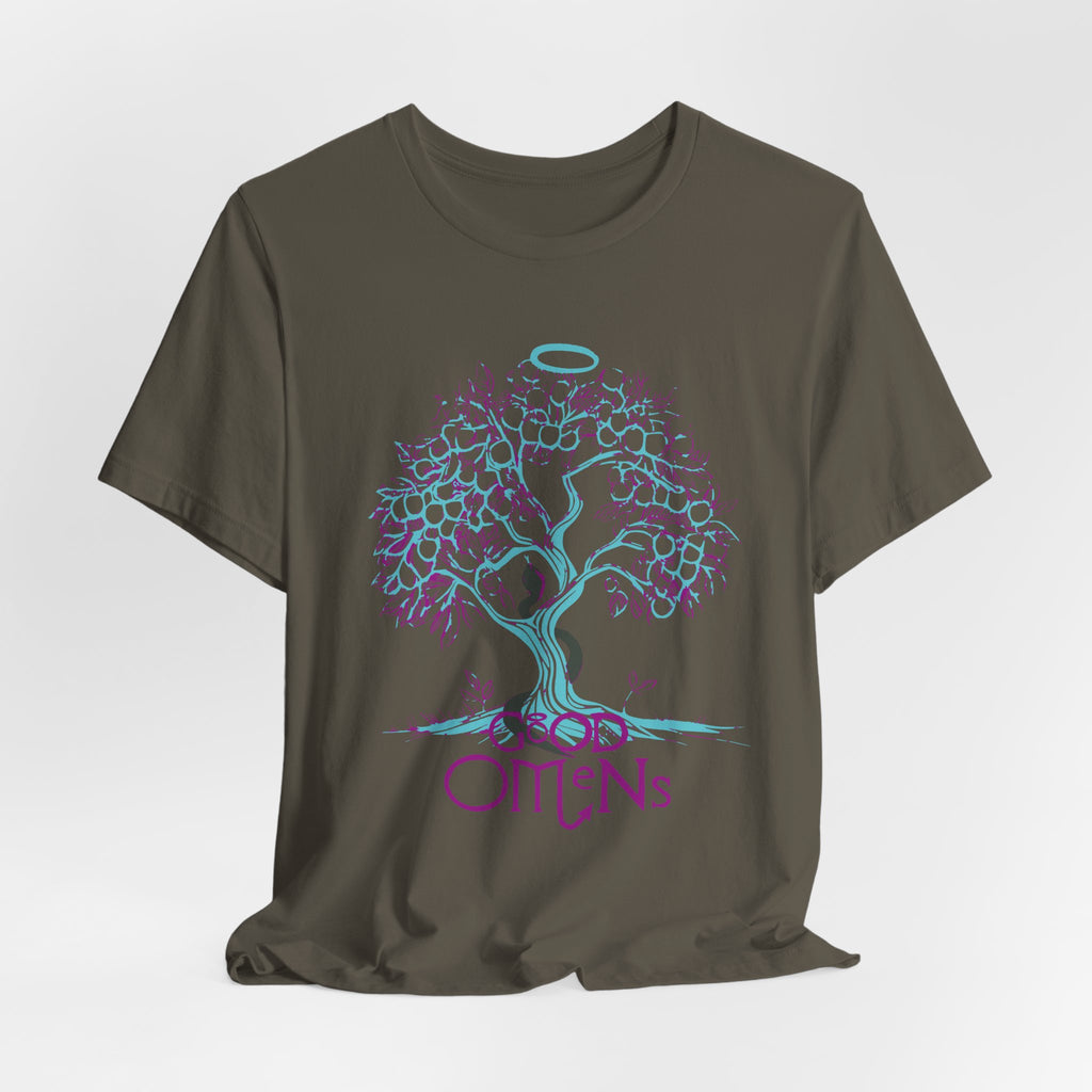 Good Omens Tree of Knowledge Doodle Aziraphale graphic shirt featuring Comic Con Fandom Jersey Short Sleeve Tee