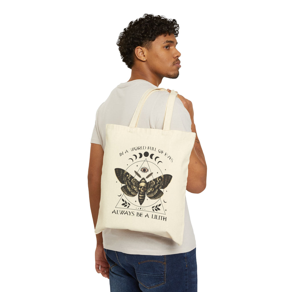 Lilith Moth Canvas tote bag featuring "Always Be a Lilith" Witchy Boho Market Bag