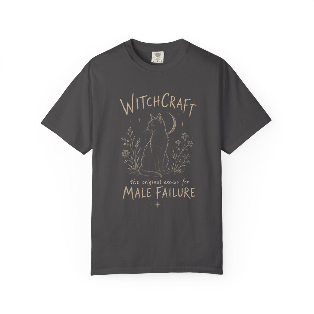 Witchcraft Cat graphic shirt featuring 'The Original Excuse for Male Failure'
