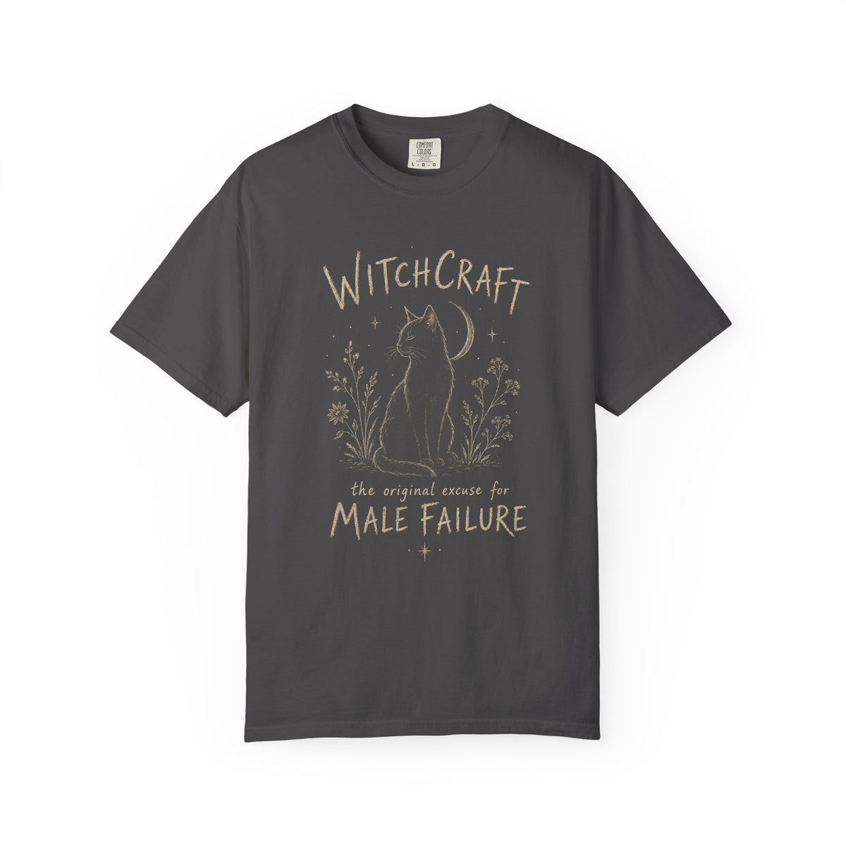Witchcraft Cat graphic shirt featuring 'The Original Excuse for Male Failure'