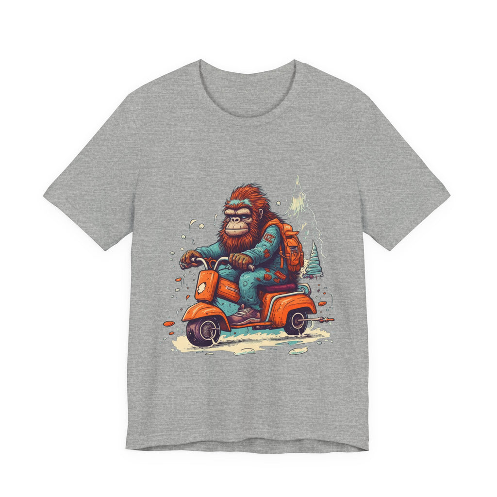 Bigfoot Scooter Graphic Tee — Retro Bigfoot Riding Vespa Adventure T-Shirt