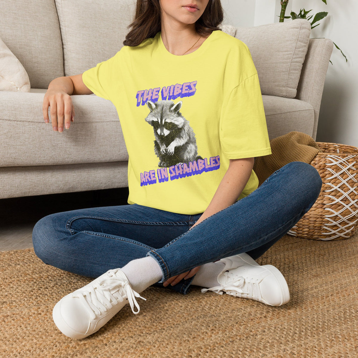 The Vibes Raccoon graphic shirt featuring 'The Vibes Are in Shambles' Retro Graphic