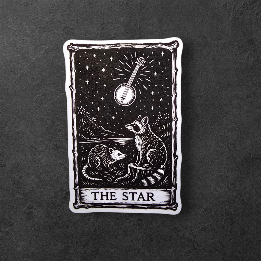 The Star Tarot Sticker – Banjo Possum and Raccoon Vinyl Decal for Laptop, Tumbler, or Journal